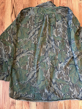 Load image into Gallery viewer, Mossy oak full foliage button up hunting long sleeve camo shirt made in USA 1980s men’s XL green leaf camo