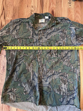 Load image into Gallery viewer, Mossy oak full foliage button up hunting long sleeve camo shirt made in USA 1980s men’s XL green leaf camo