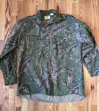 Load image into Gallery viewer, Mossy oak full foliage button up hunting long sleeve camo shirt made in USA 1980s men’s XL green leaf camo