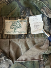 Load image into Gallery viewer, Mossy oak full foliage button up hunting long sleeve camo shirt made in USA 1980s men’s XL green leaf camo