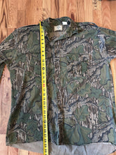 Load image into Gallery viewer, Mossy oak full foliage button up hunting long sleeve camo shirt made in USA 1980s men’s XL green leaf camo