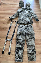 Load image into Gallery viewer, King of the mountain vintage wool blowdown camo hunting pants, lined jacket and hats LOT Beavertail frontier coat omnitherm with 36x30 bunwarmer pants men’s extra large desert woodland camo made in USA Jackson hole Wyoming