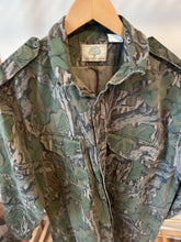 Load image into Gallery viewer, Mossy oak full foliage button up hunting long sleeve camo shirt made in USA 1980s men’s XL green leaf camo