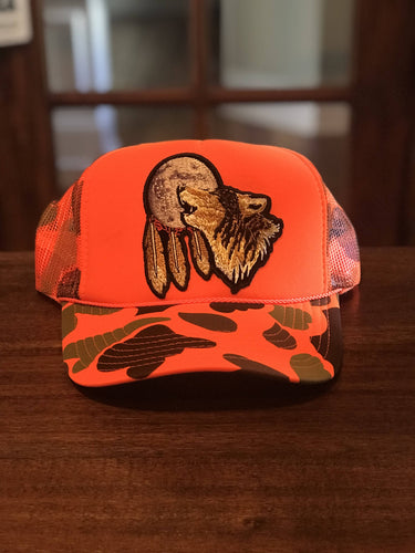 Howling Wolf Patch on Hunters Orange Foam High Crown Trucker Snapback Hat!!