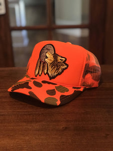 Howling Wolf Patch on Hunters Orange Foam High Crown Trucker Snapback Hat!!