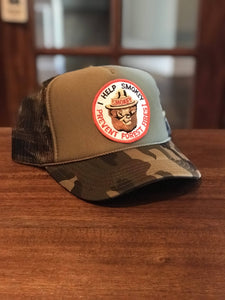 Vintage Smoky Bear Patch on a Custom Foam High Crown Trucker Snapback Hat!!