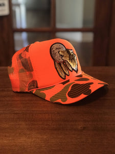 Howling Wolf Patch on Hunters Orange Foam High Crown Trucker Snapback Hat!!