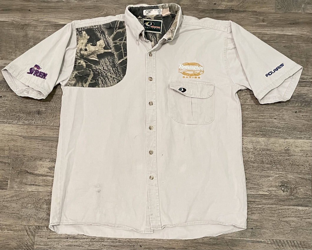 Vintage NASCAR REMINGTON RACING Polaris / Stren Team Crew Shop Shirt LARGE