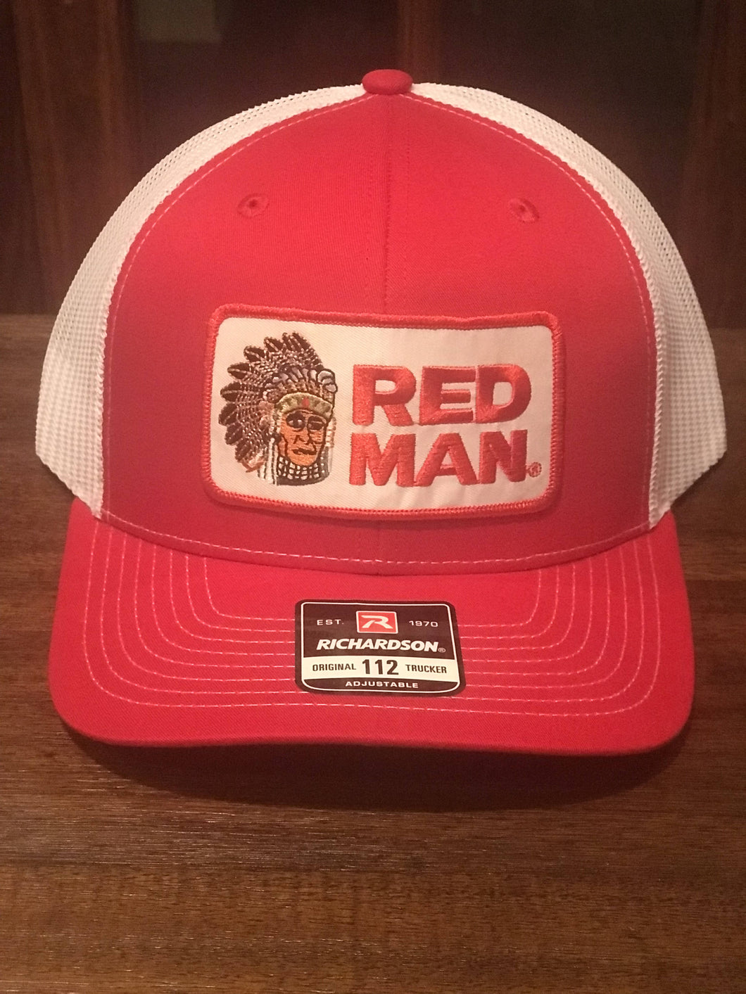Red Man Tournament Trail Olive Green Richardson 112 Trucker Hat - Bass Fishing Tobacco